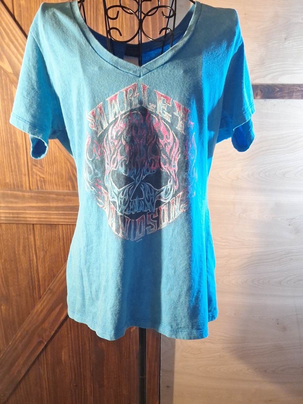 Harley-Davidson Teal Girls' Short Sleeve V-Neck Tee with Skull Graphic